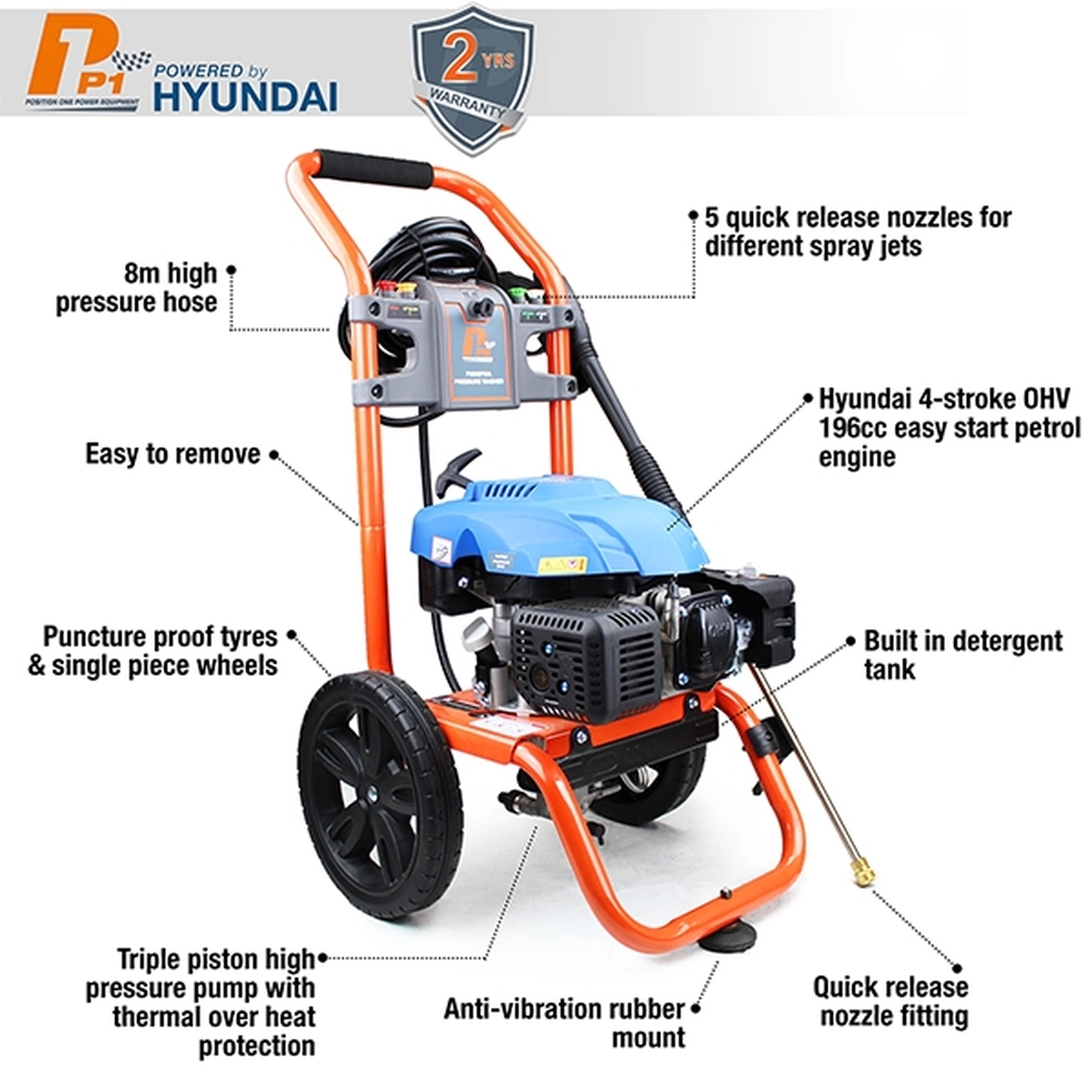 P1 Petrol Pressure Washer 2800psi / 207 bar | Hyundai 6.5hp 196cc 